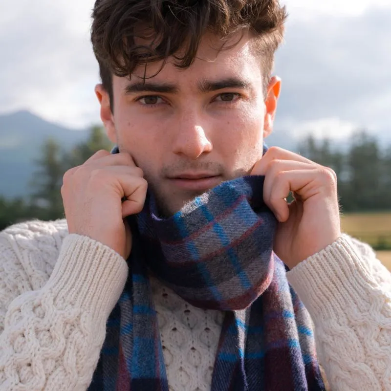 Fine Merino Scarf - Navy, Wine and Denim Check - John Hanly