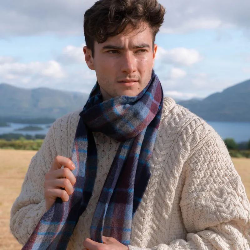 Fine Merino Scarf - Navy, Wine and Denim Check - John Hanly