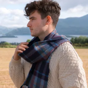 Fine Merino Scarf - Navy, Wine and Denim Check - John Hanly