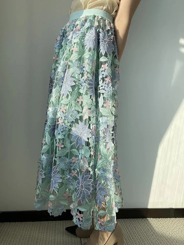 Floral Embroidered Hollow Out Long Skirt