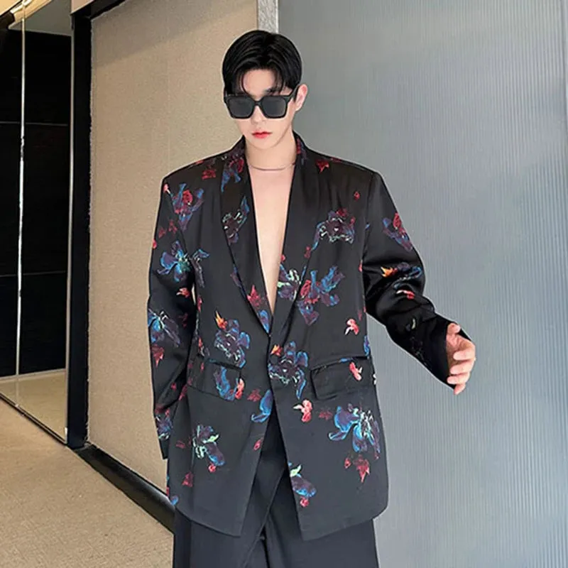 French Floral Printing Suit Jacket Menwear V-neck Single Button Temperament Blazer New Fashion Male Top Niche Design 9C5957