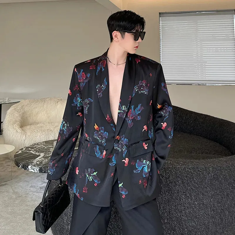 French Floral Printing Suit Jacket Menwear V-neck Single Button Temperament Blazer New Fashion Male Top Niche Design 9C5957