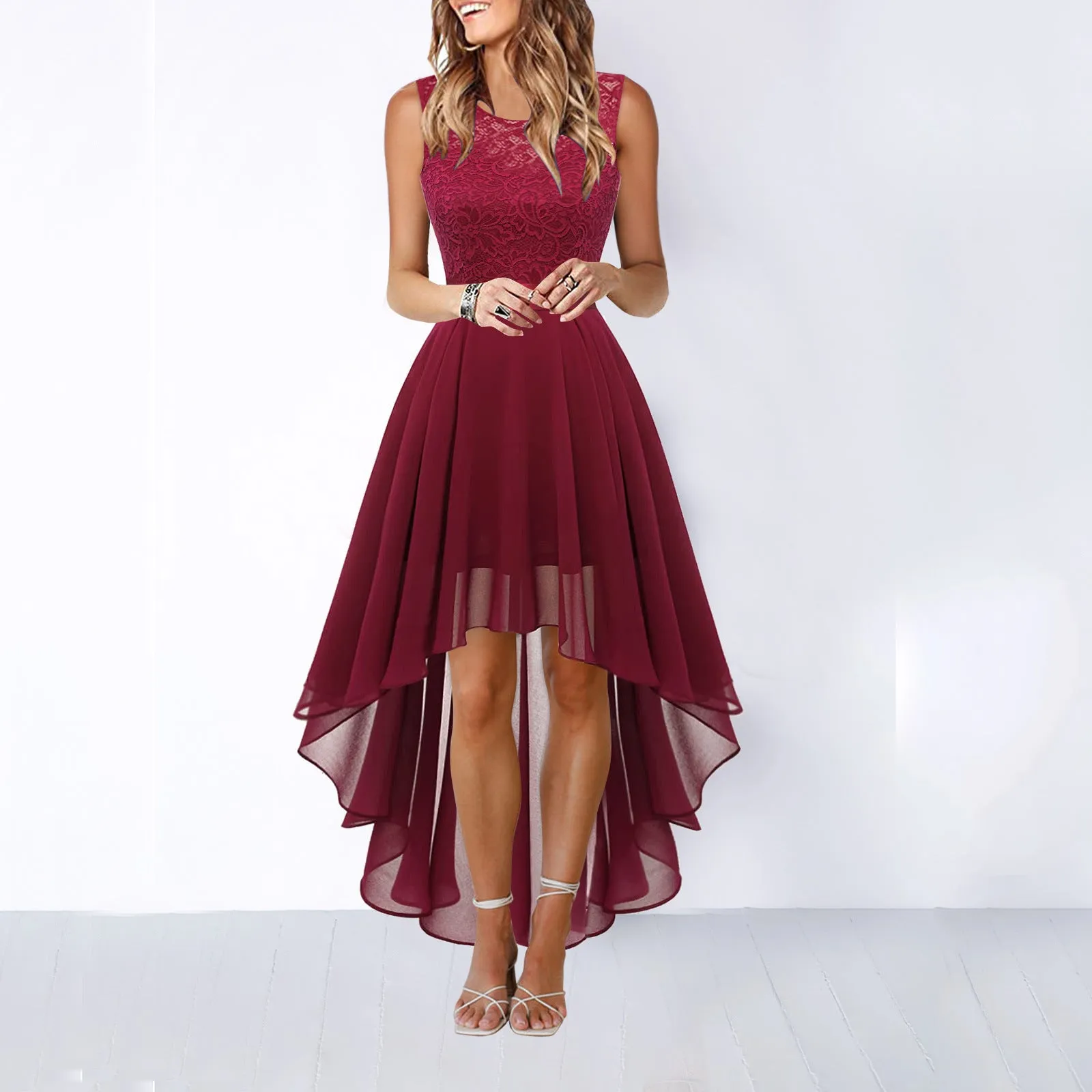 Girlary-shop homecoming dresses Spring and Summer New Hollow Waist Chiffon Dress Dinner Lace Dress