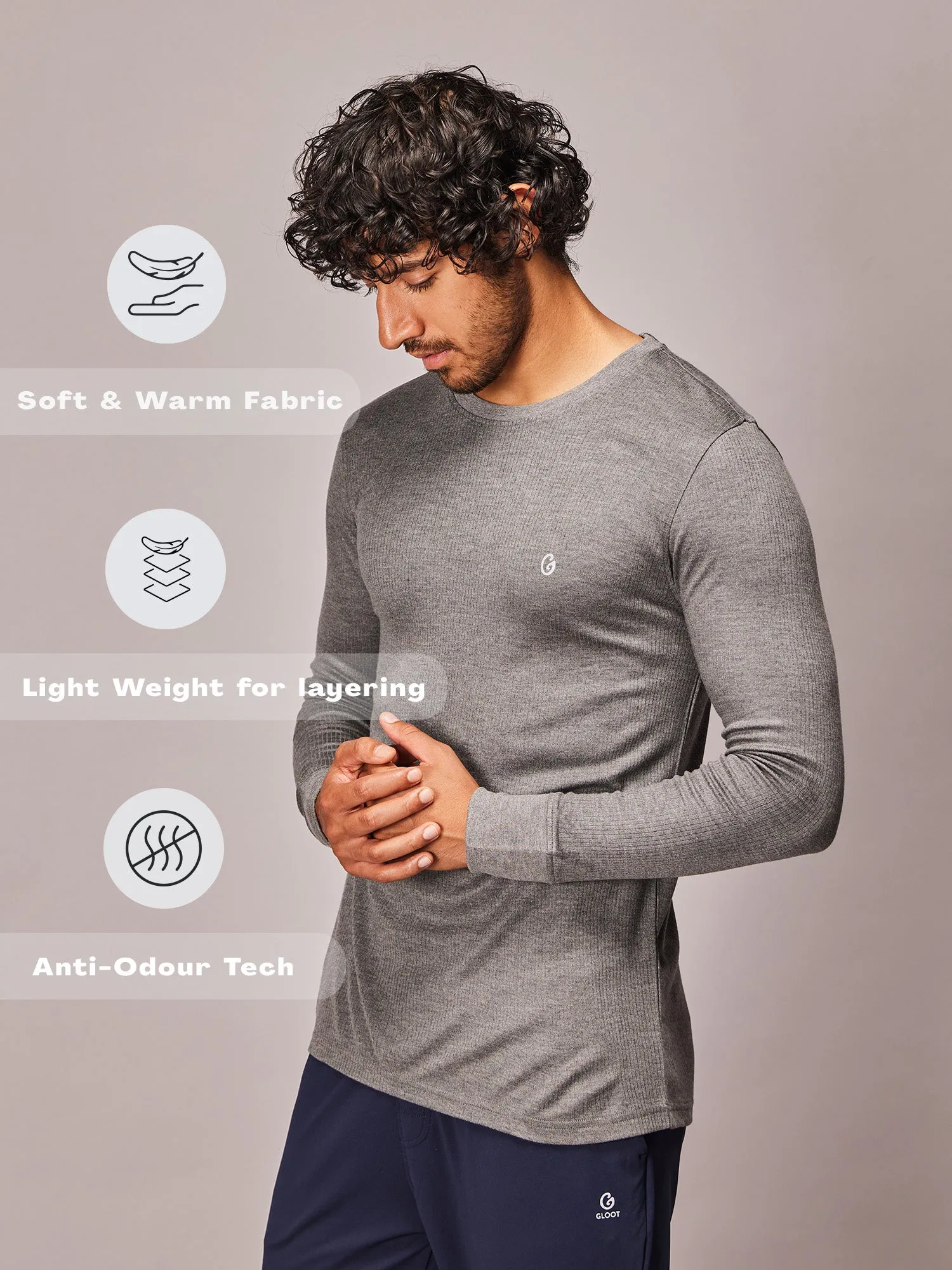 Gloot Men's High-End Acrylic Viscose Long Sleeve Thermal Top Grey Melange