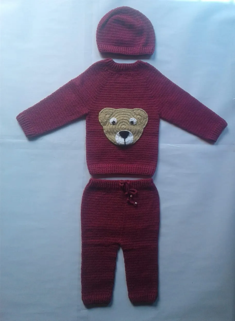 Graceful Handmade Design Sweater Set With Full Sleeve Sweater With Pant & Cap-Maroon