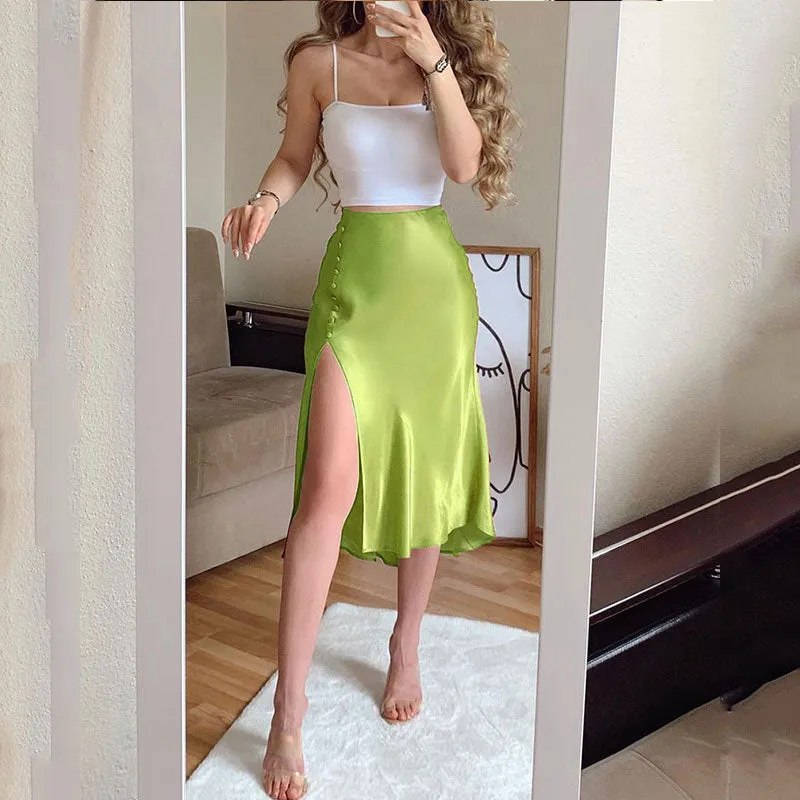 Graduation Gifts  2022 Summer Women Casual Two Piece Dress Sleeveless Spaghetti Strap Crop Top & Satin Buttoned High Slit Midi Skirt Set