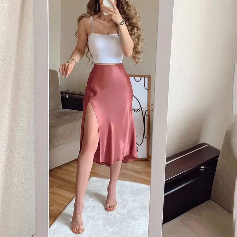 Graduation Gifts  2022 Summer Women Casual Two Piece Dress Sleeveless Spaghetti Strap Crop Top & Satin Buttoned High Slit Midi Skirt Set