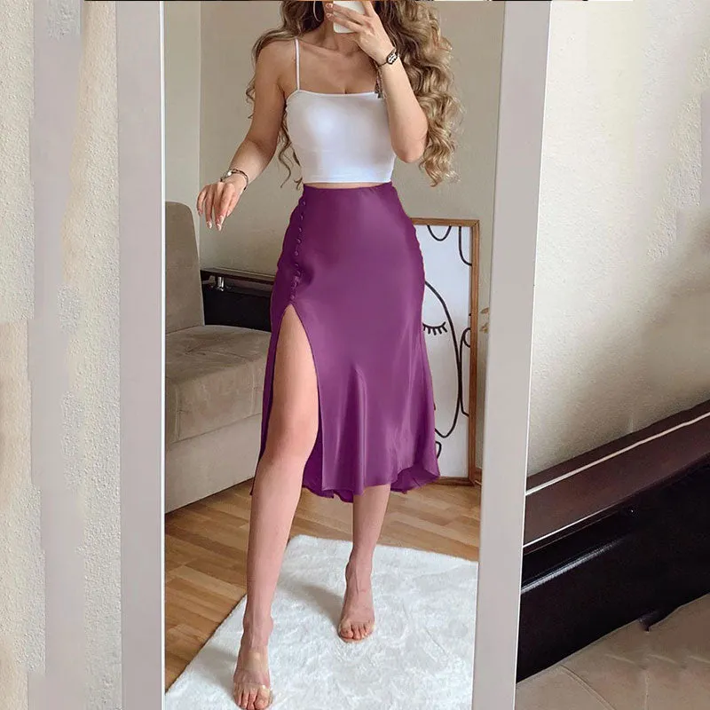 Graduation Gifts  2022 Summer Women Casual Two Piece Dress Sleeveless Spaghetti Strap Crop Top & Satin Buttoned High Slit Midi Skirt Set