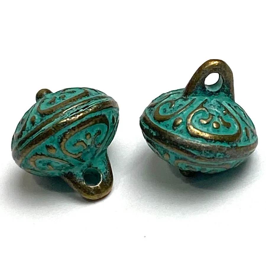 Green Patina/Brass, Bali Style Hollow Roundish Metal Charm/Button, 1/2",  Shank Back,  #L833