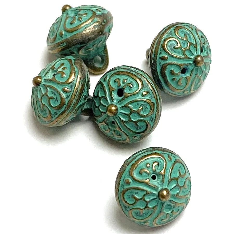 Green Patina/Brass, Bali Style Hollow Roundish Metal Charm/Button, 1/2",  Shank Back,  #L833