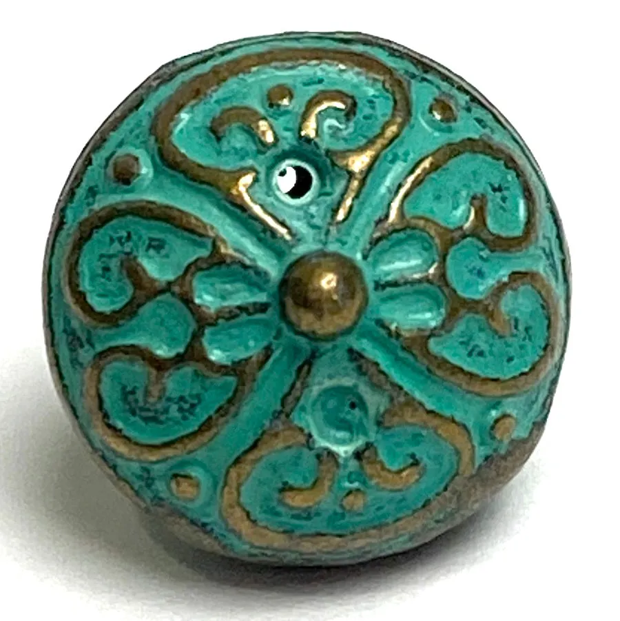 Green Patina/Brass, Bali Style Hollow Roundish Metal Charm/Button, 1/2",  Shank Back,  #L833