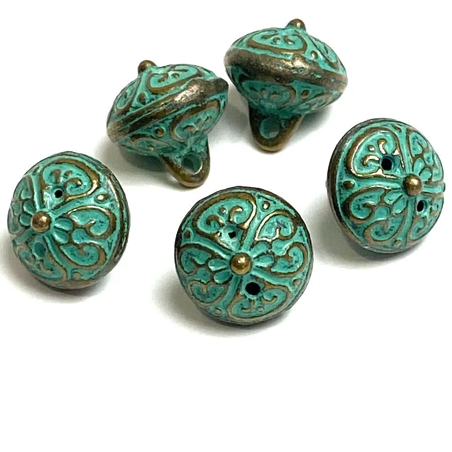 Green Patina/Brass, Bali Style Hollow Roundish Metal Charm/Button, 1/2",  Shank Back,  #L833