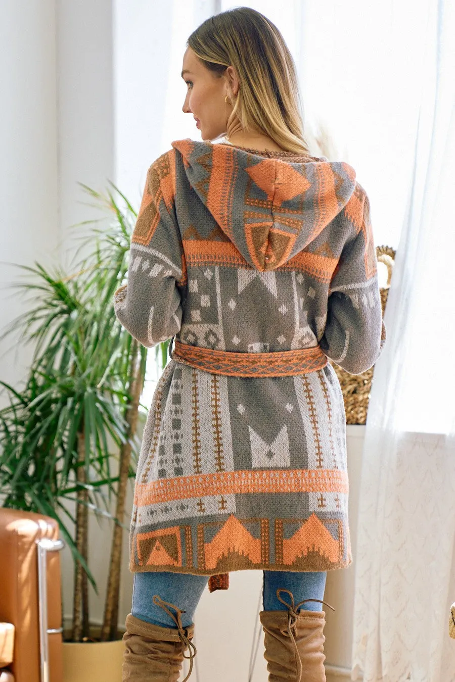 Grey and Orange Aztec Pattern Hooded Cardigan with Waist Belt