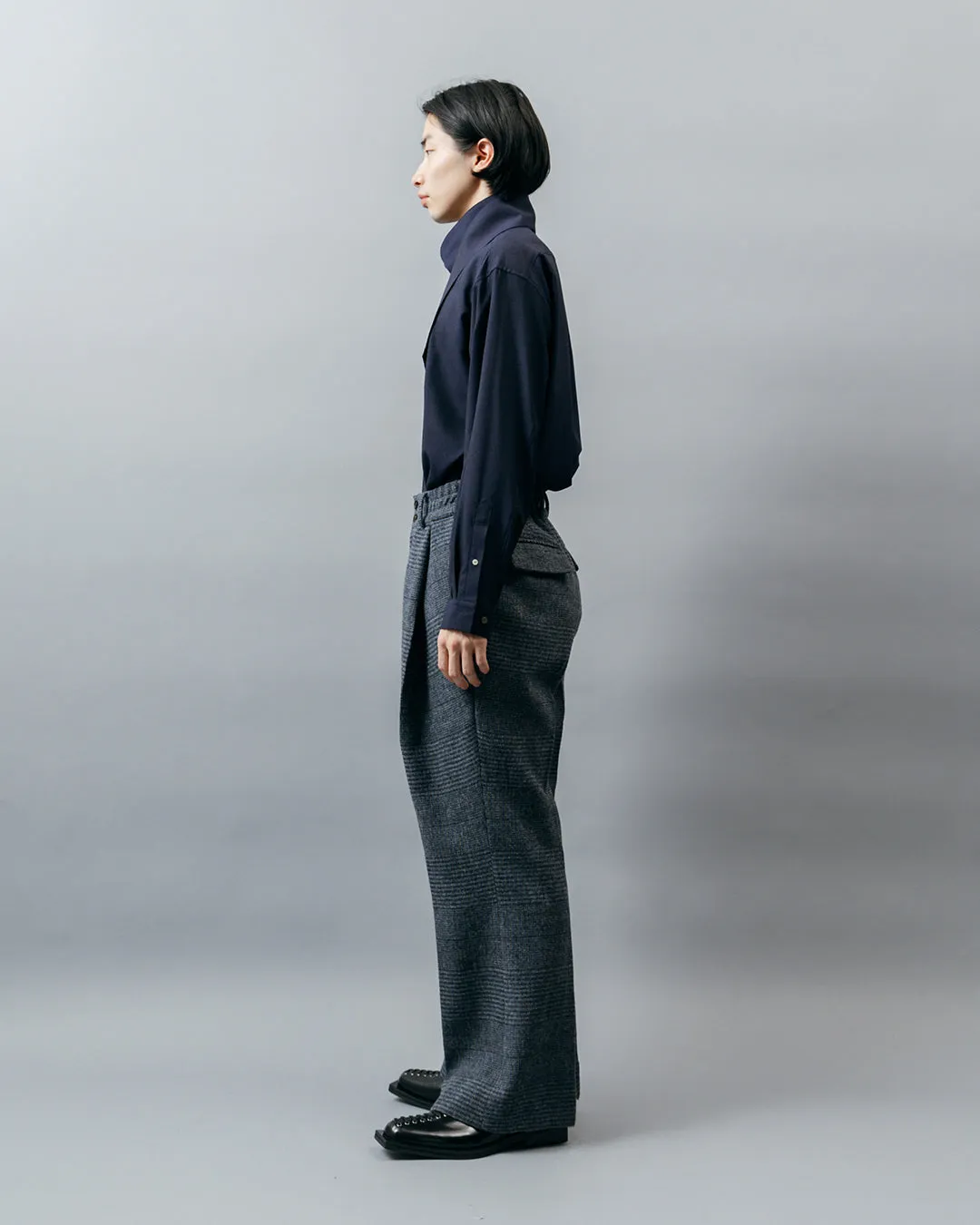 HEAVY WOOL GABARDINE FLARE EASY TROUSERS .10【GLEN CHECK】