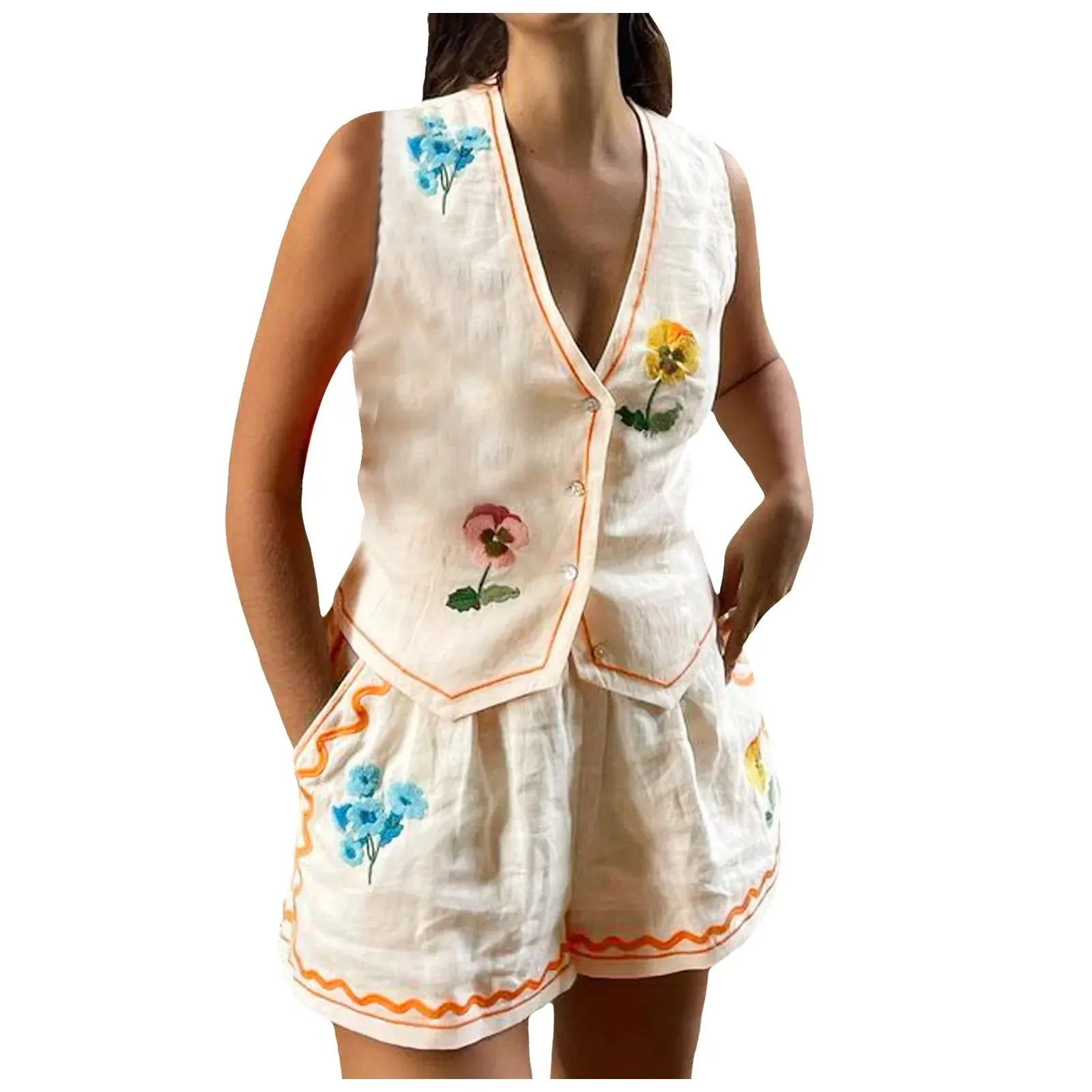 Holiday Beach Floral Embroidered Elegant V-neck Sleeveless Slim Chic Set