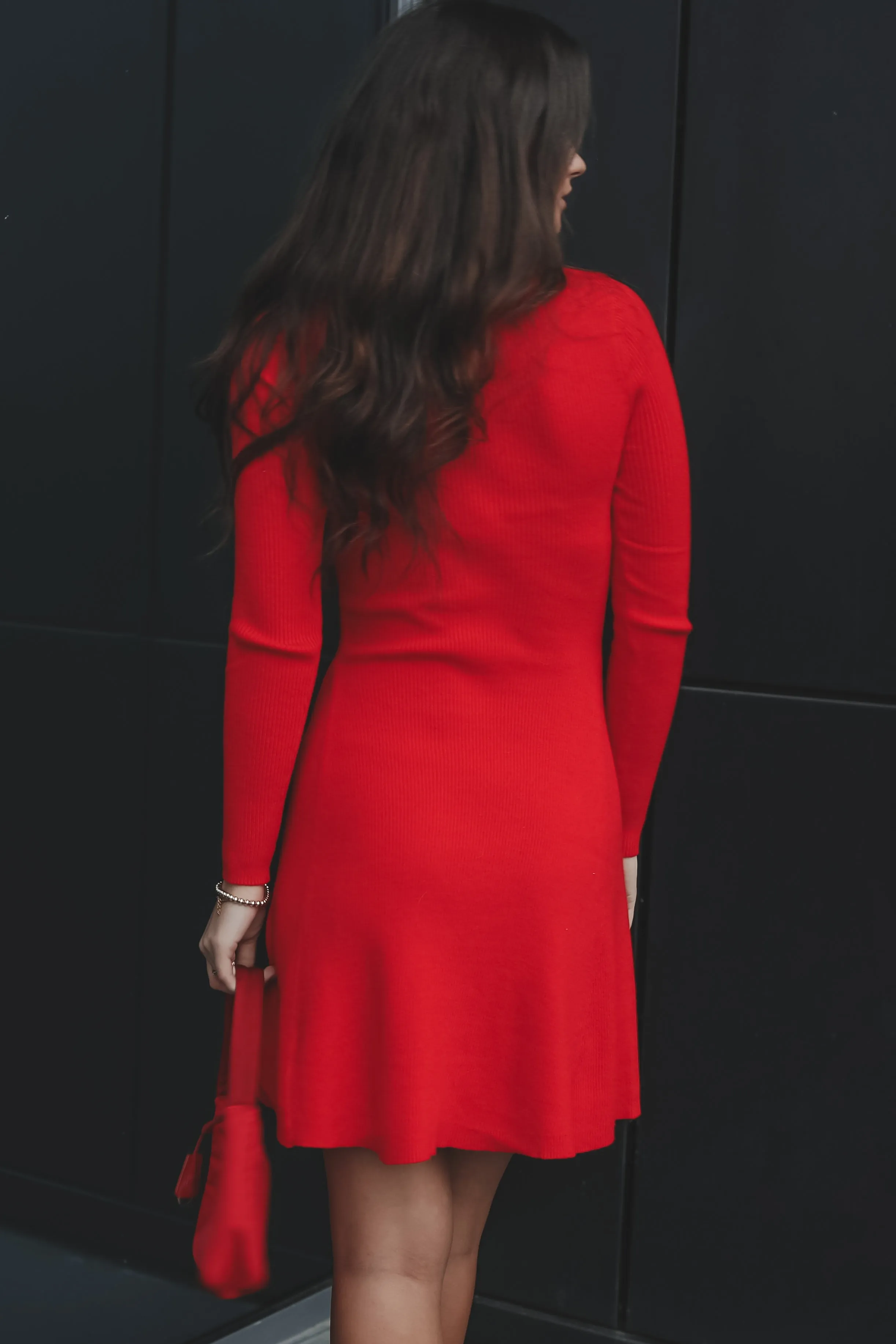 In A Really Festive Mood Red Ribbed Knit Sweater Dress