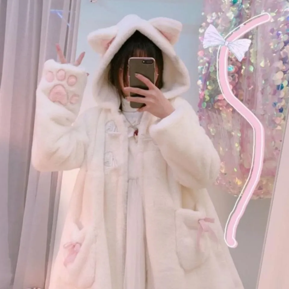 Joskaa Winter Jacket Women Lolita Fleece-lined Thickened Girl Soft Fabric Kawaii Cat Ear Hat Claw Cute Plush White Coat Youthful Parka