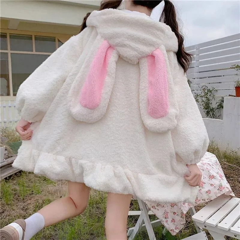 Joskaa Winter Jacket Women Lolita Fleece-lined Thickened Girl Soft Fabric Kawaii Cat Ear Hat Claw Cute Plush White Coat Youthful Parka