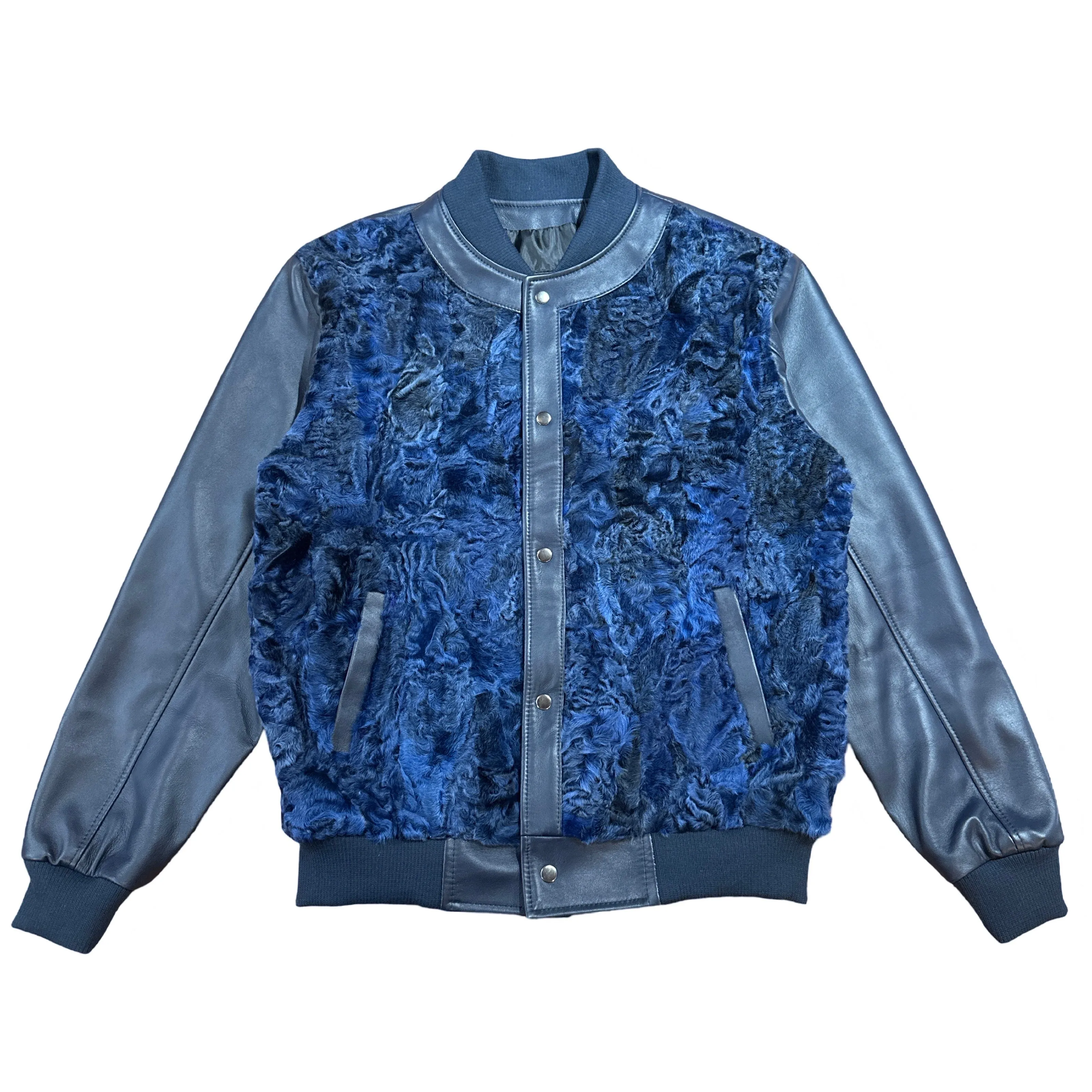 Kashani Navy Blue Persian Lamb Leather Bomber Jacket