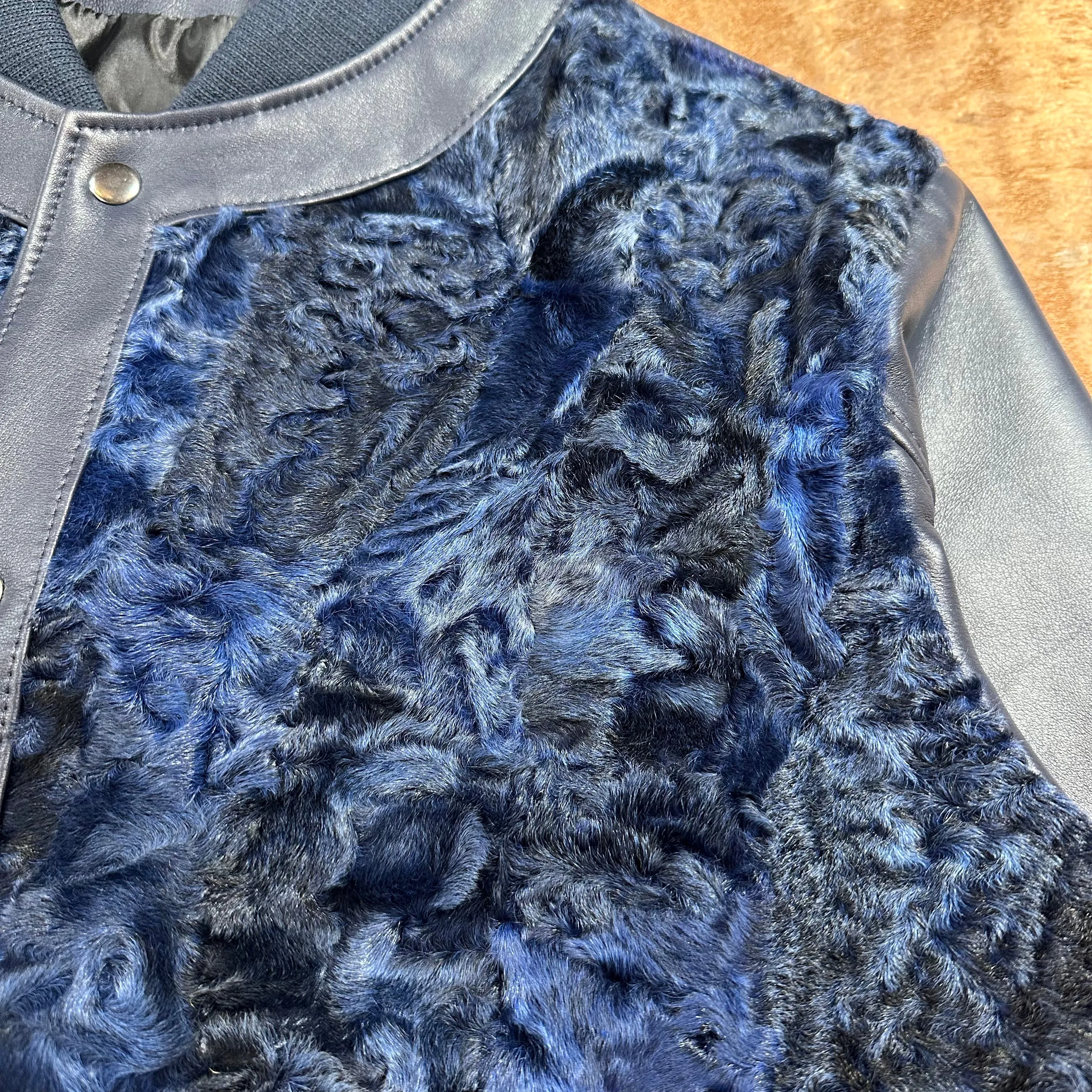 Kashani Navy Blue Persian Lamb Leather Bomber Jacket