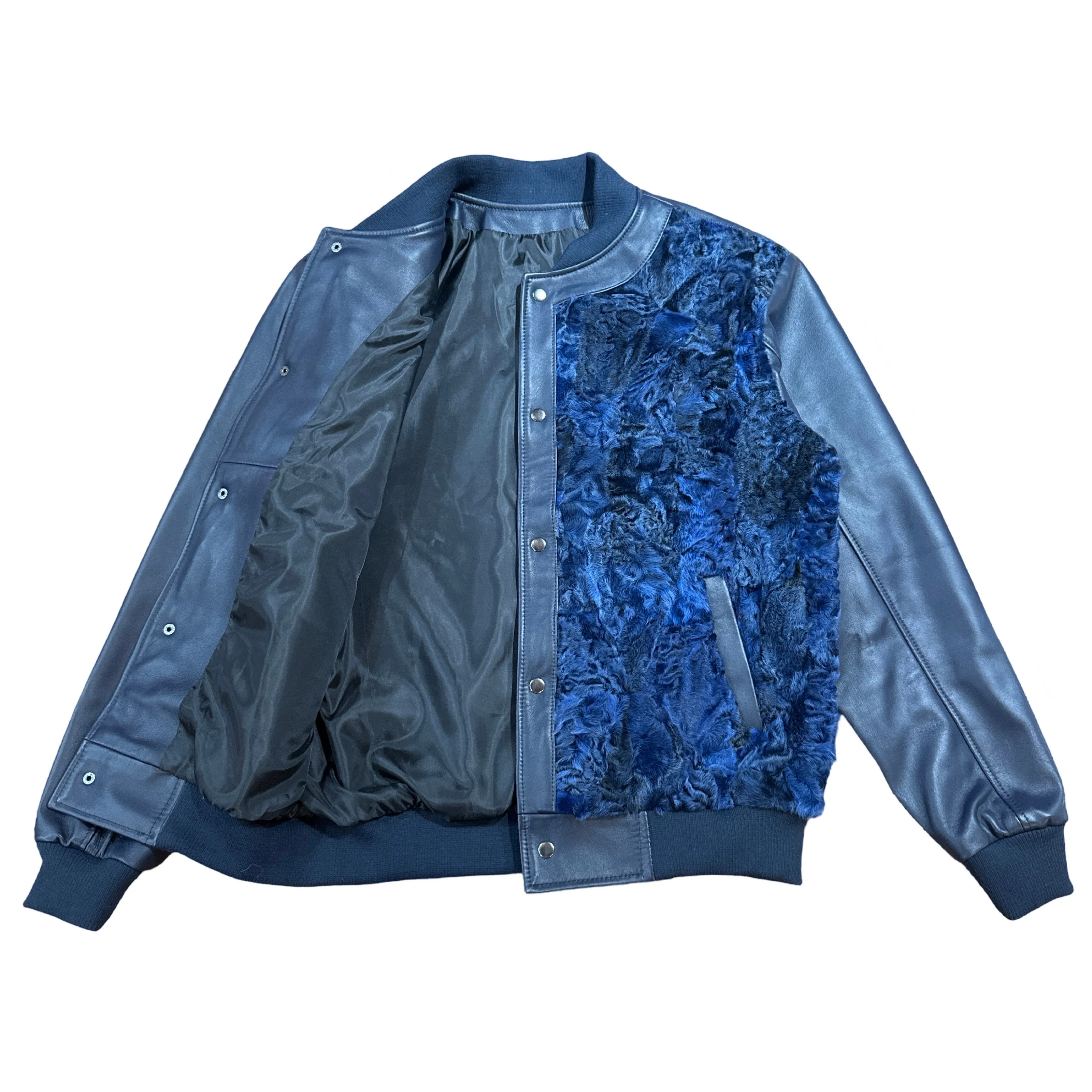 Kashani Navy Blue Persian Lamb Leather Bomber Jacket