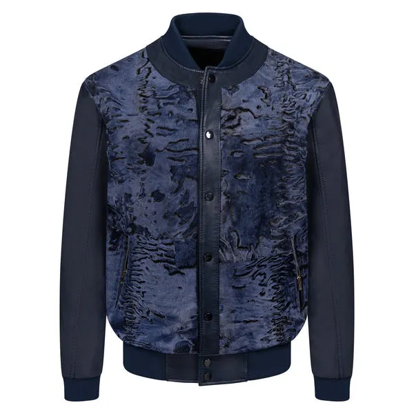 Kashani Navy Blue Persian Lamb Leather Bomber Jacket