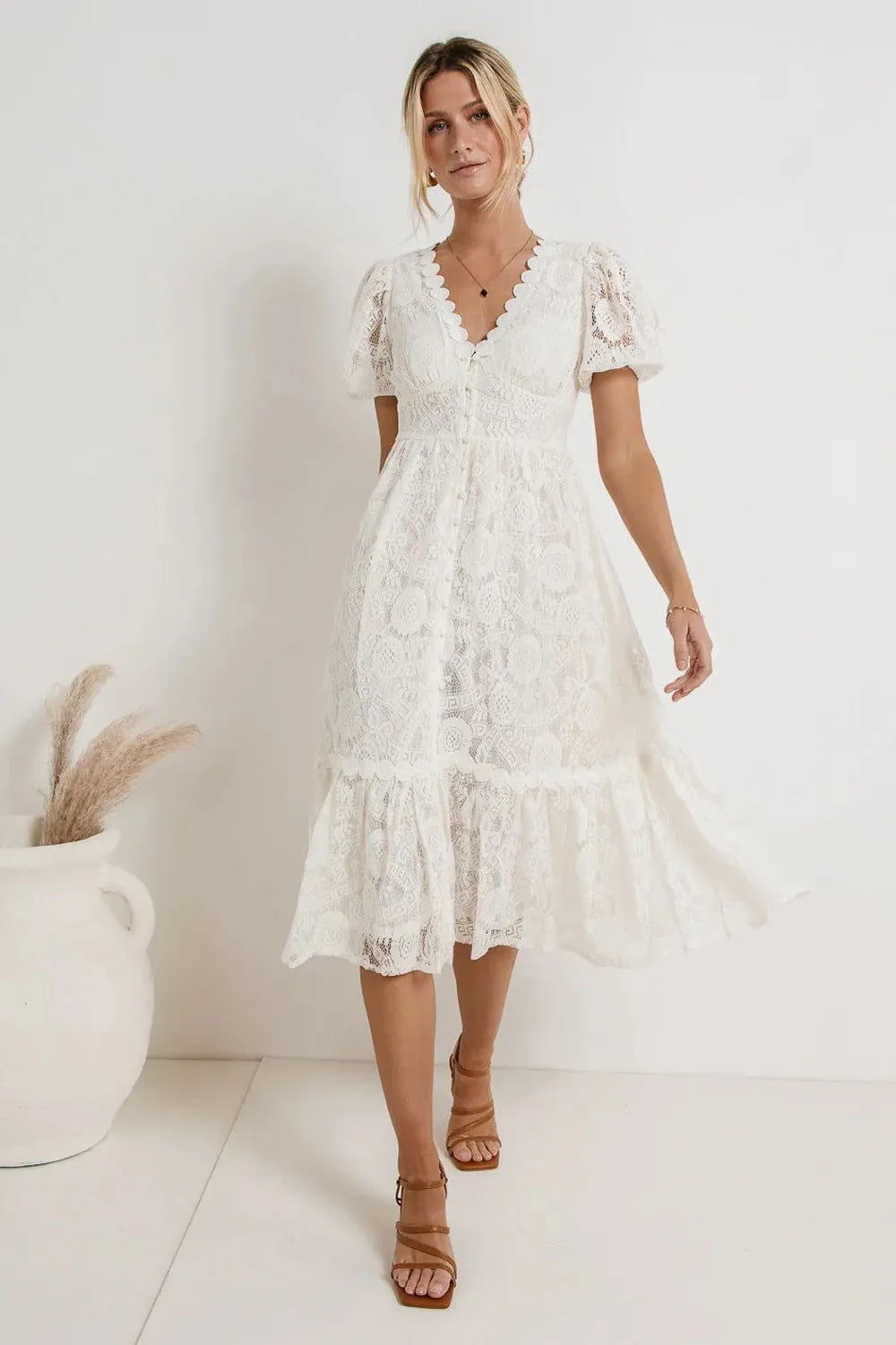 Lace Dress V neck Short Sleeve Hollow Out Cutout Single Breasted Waist V neck Dress