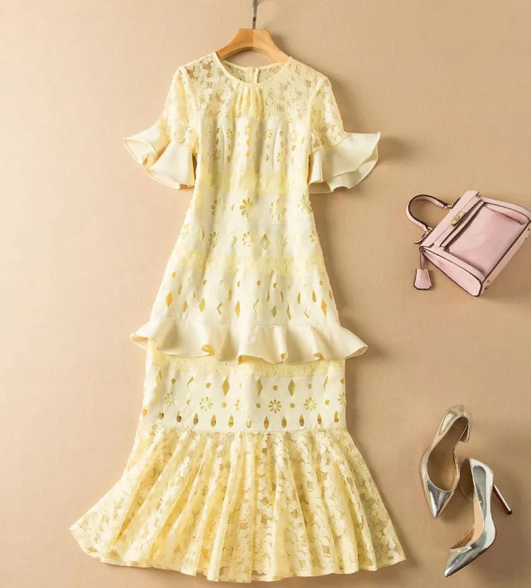 Lace Patchwork Hollow-Out Ruffled Midi Dress