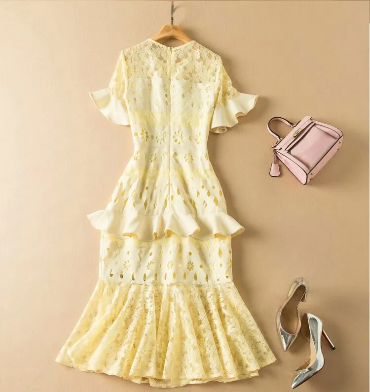 Lace Patchwork Hollow-Out Ruffled Midi Dress