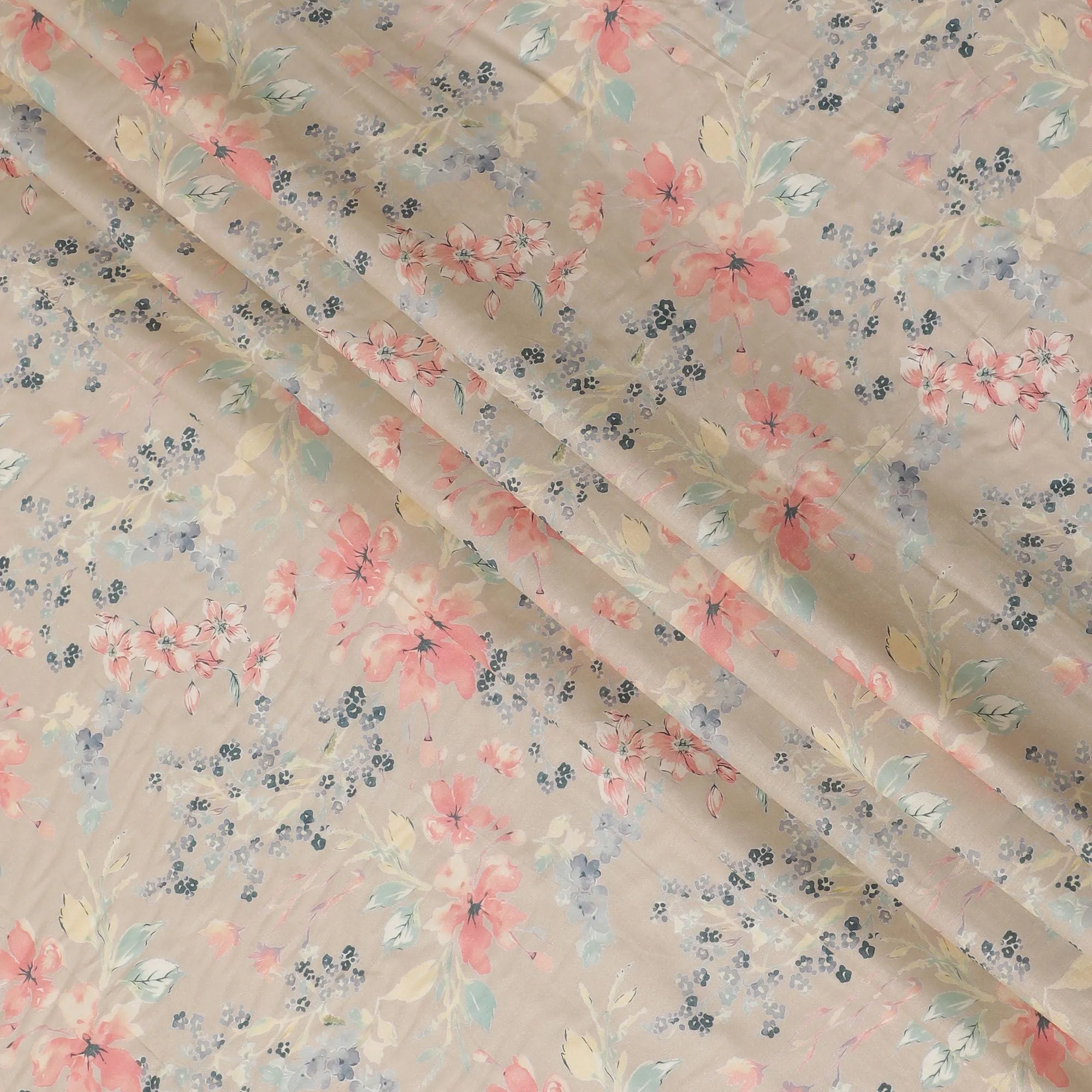 Latte beige cotton satin fabric with multicolor print in floral design-D16776