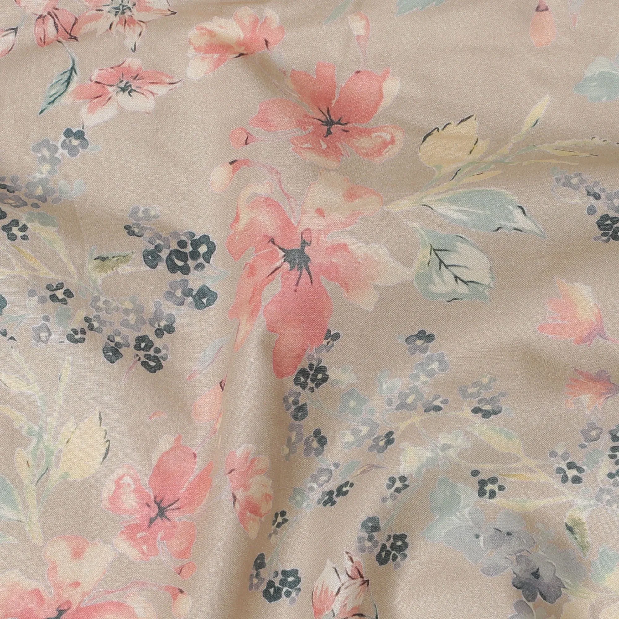 Latte beige cotton satin fabric with multicolor print in floral design-D16776