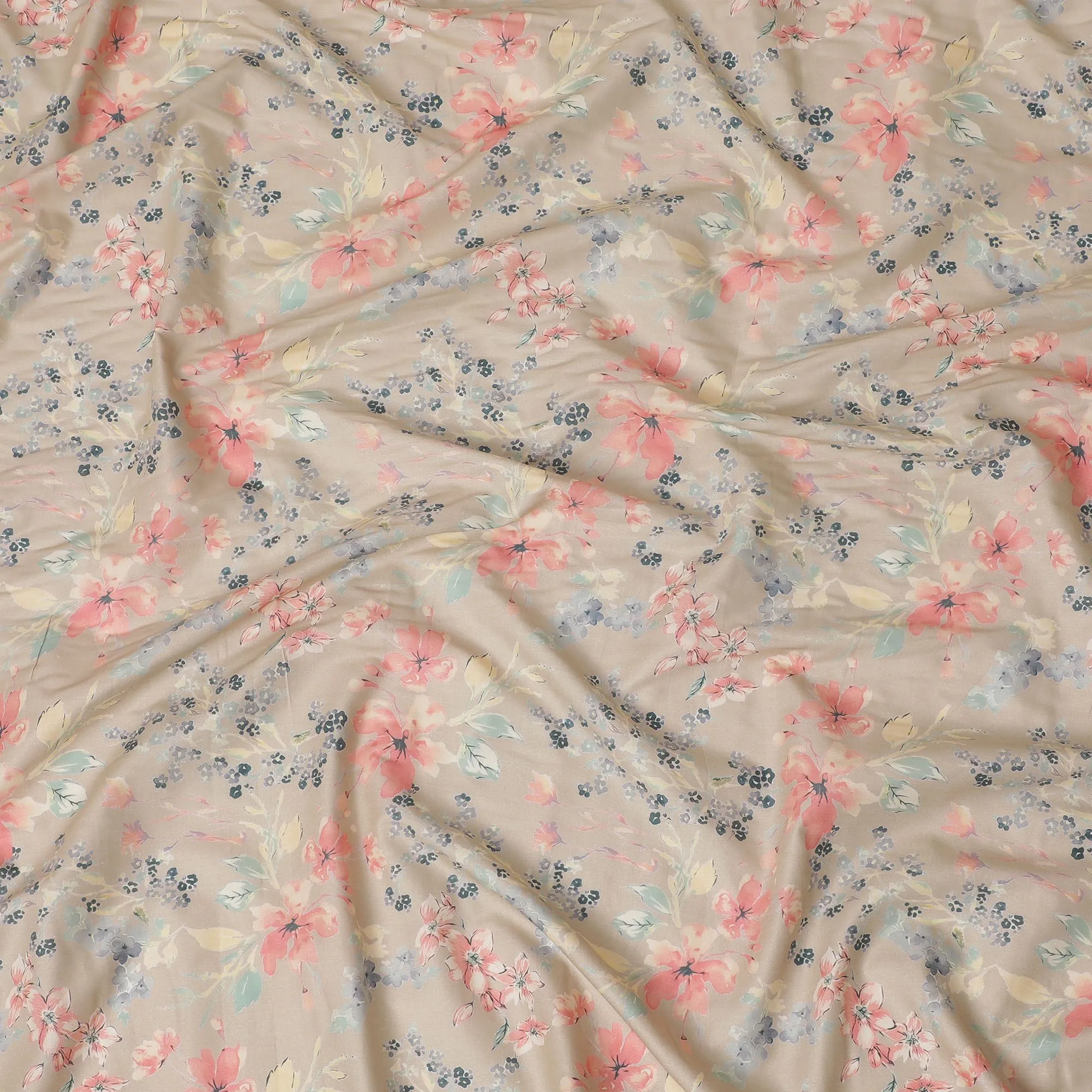 Latte beige cotton satin fabric with multicolor print in floral design-D16776