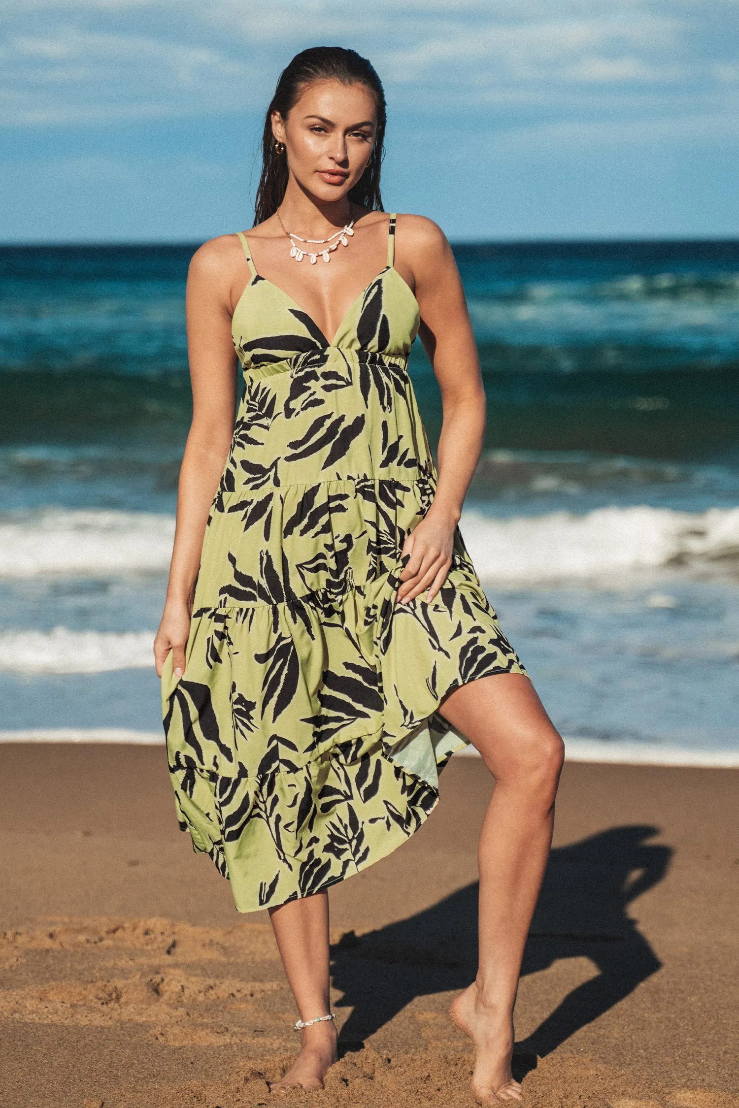 Leaf Print V-Neck Cami Maxi Dress