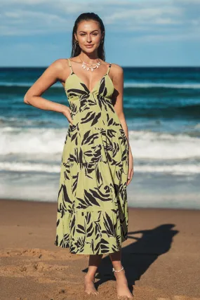 Leaf Print V-Neck Cami Maxi Dress