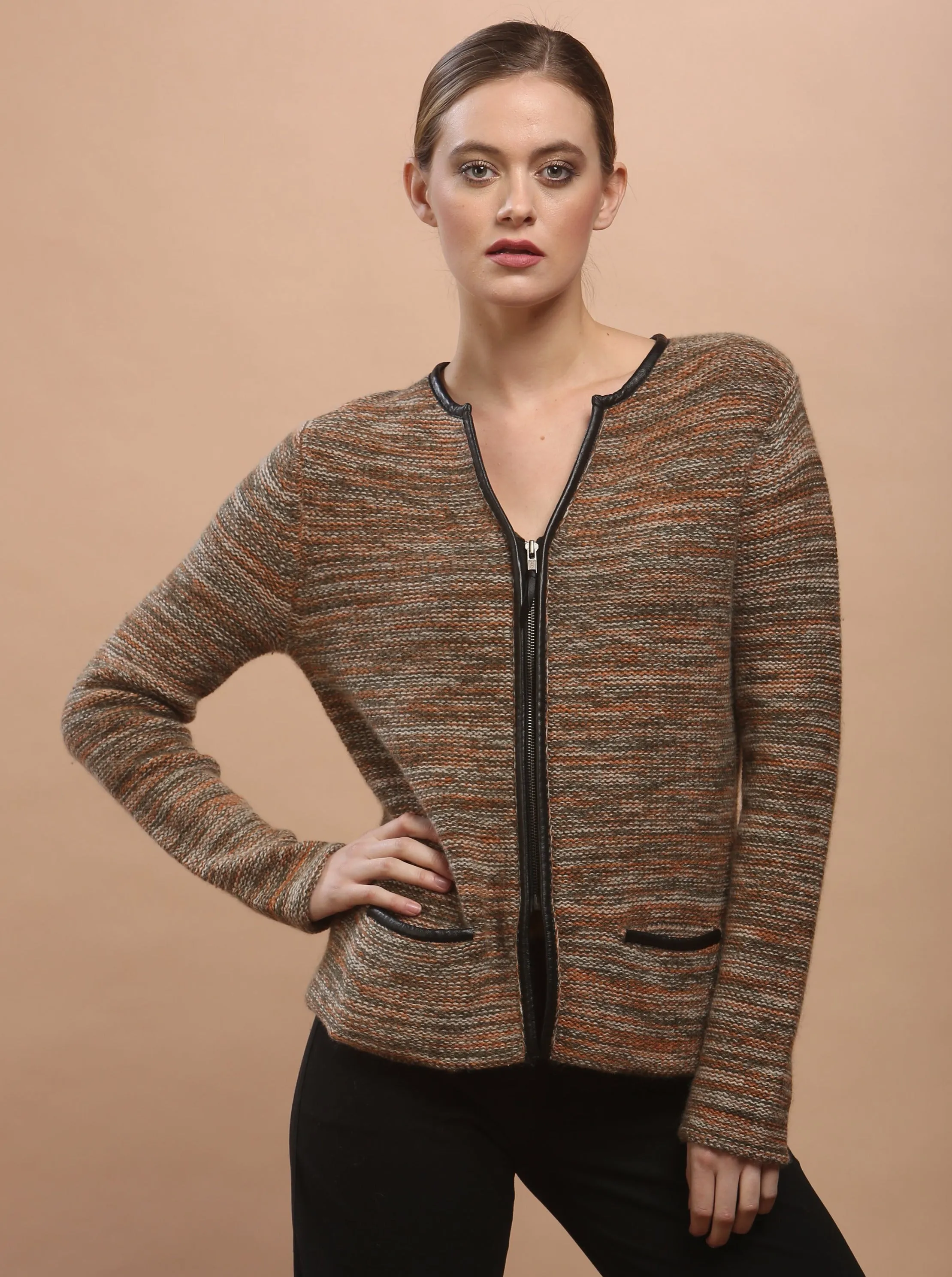 Leather Piping Zip Cardigan