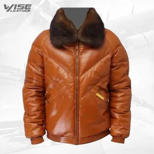 Leather V-Bomber Jacket Red White Blue With White Fox Fur