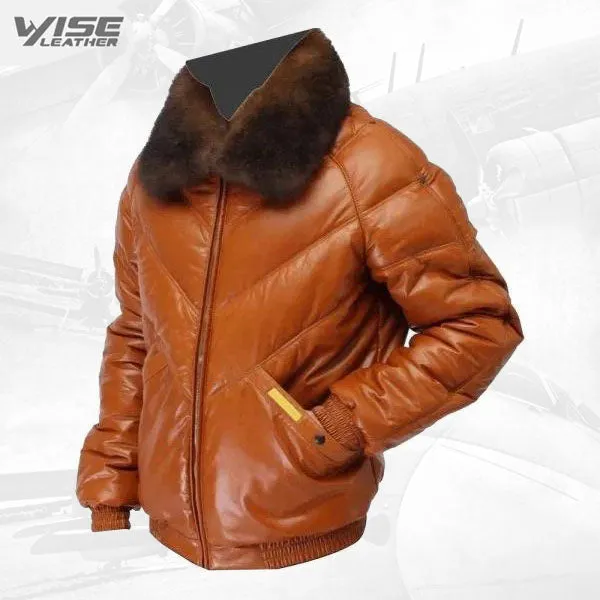 Leather V-Bomber Jacket Red White Blue With White Fox Fur