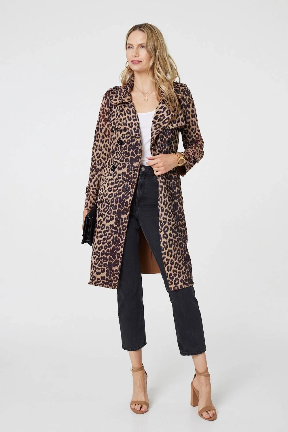 Leopard Print Double Breasted Trench Coat