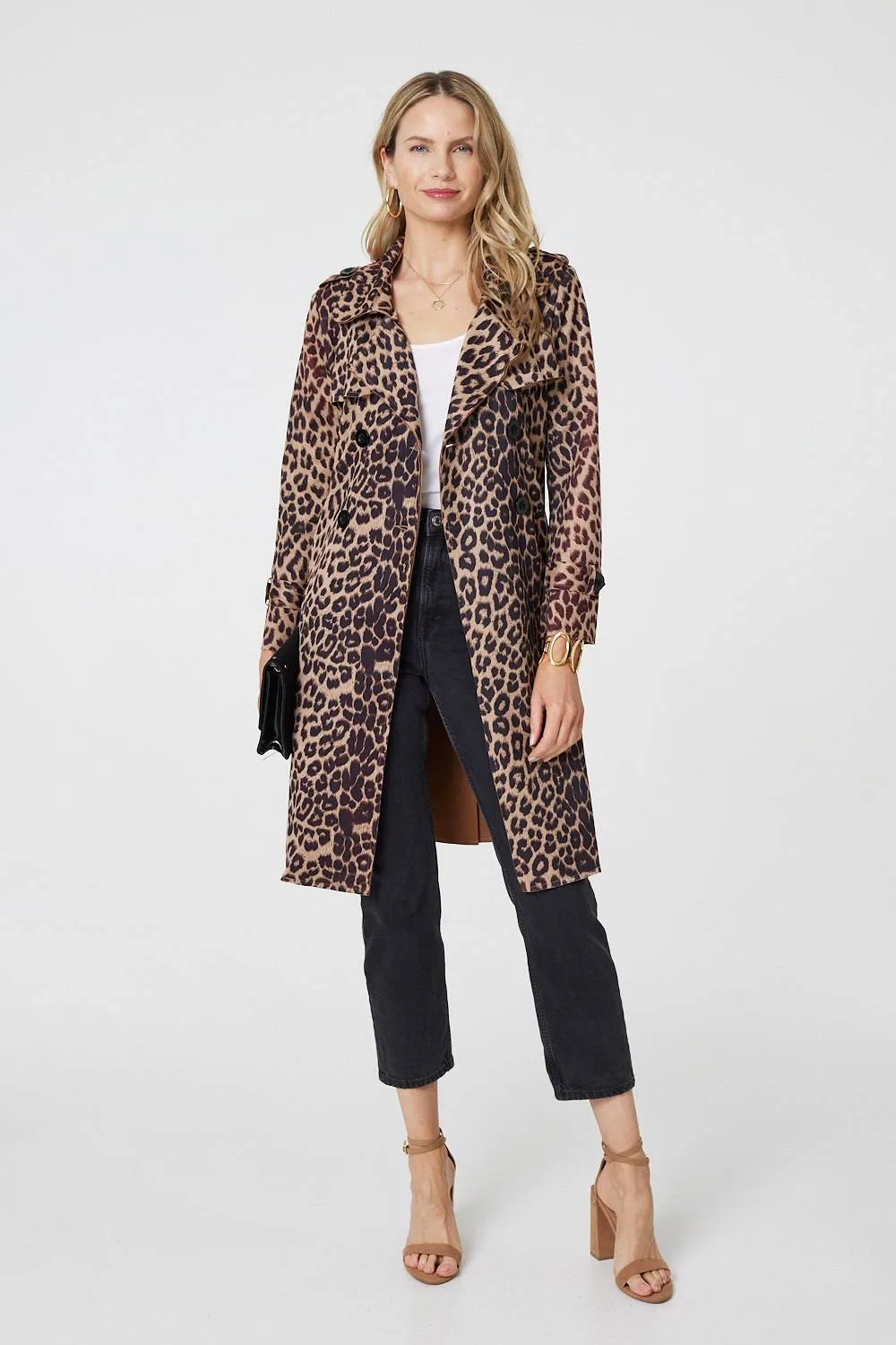 Leopard Print Double Breasted Trench Coat