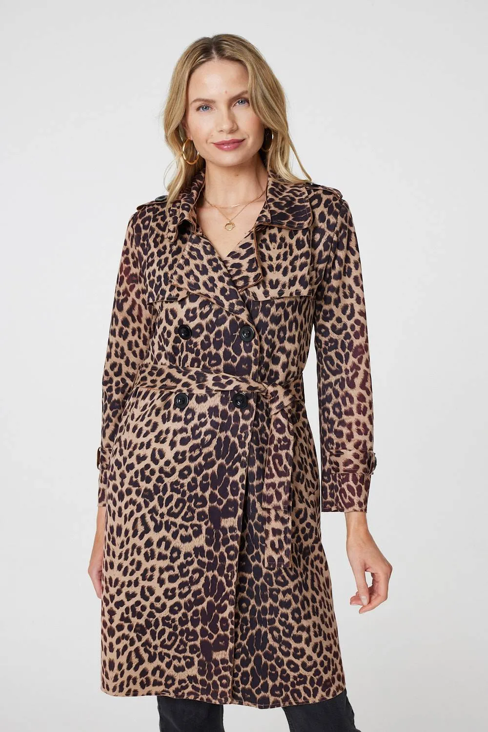 Leopard Print Double Breasted Trench Coat