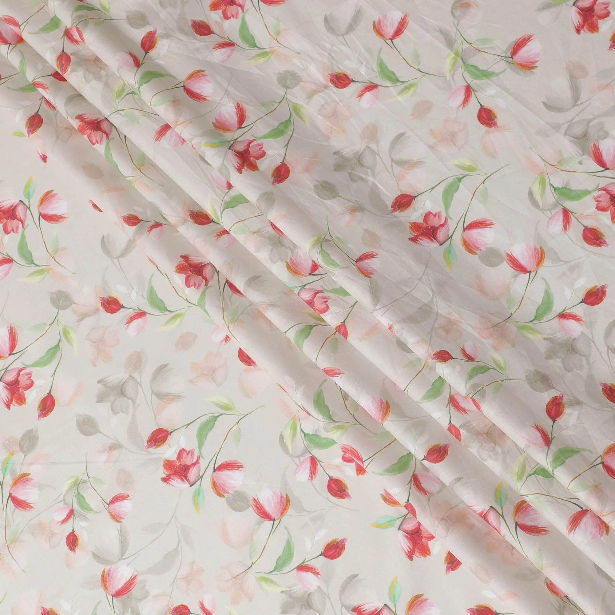 Light beige cotton satin fabric with multicolor print in floral design-D15276