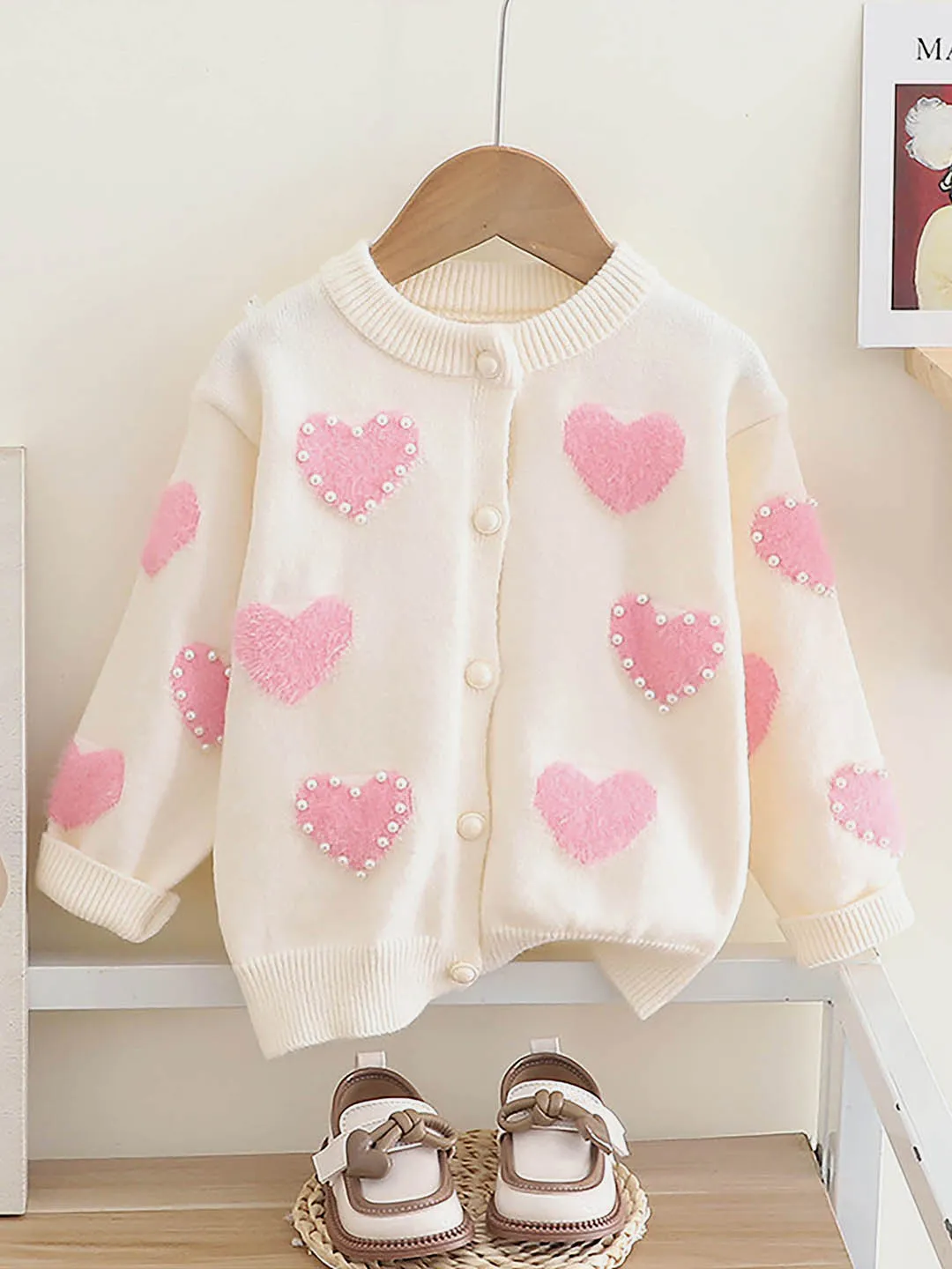 Little Surprise Box Cream Pearl Hearts Warmer cardigan Sweater for Kids