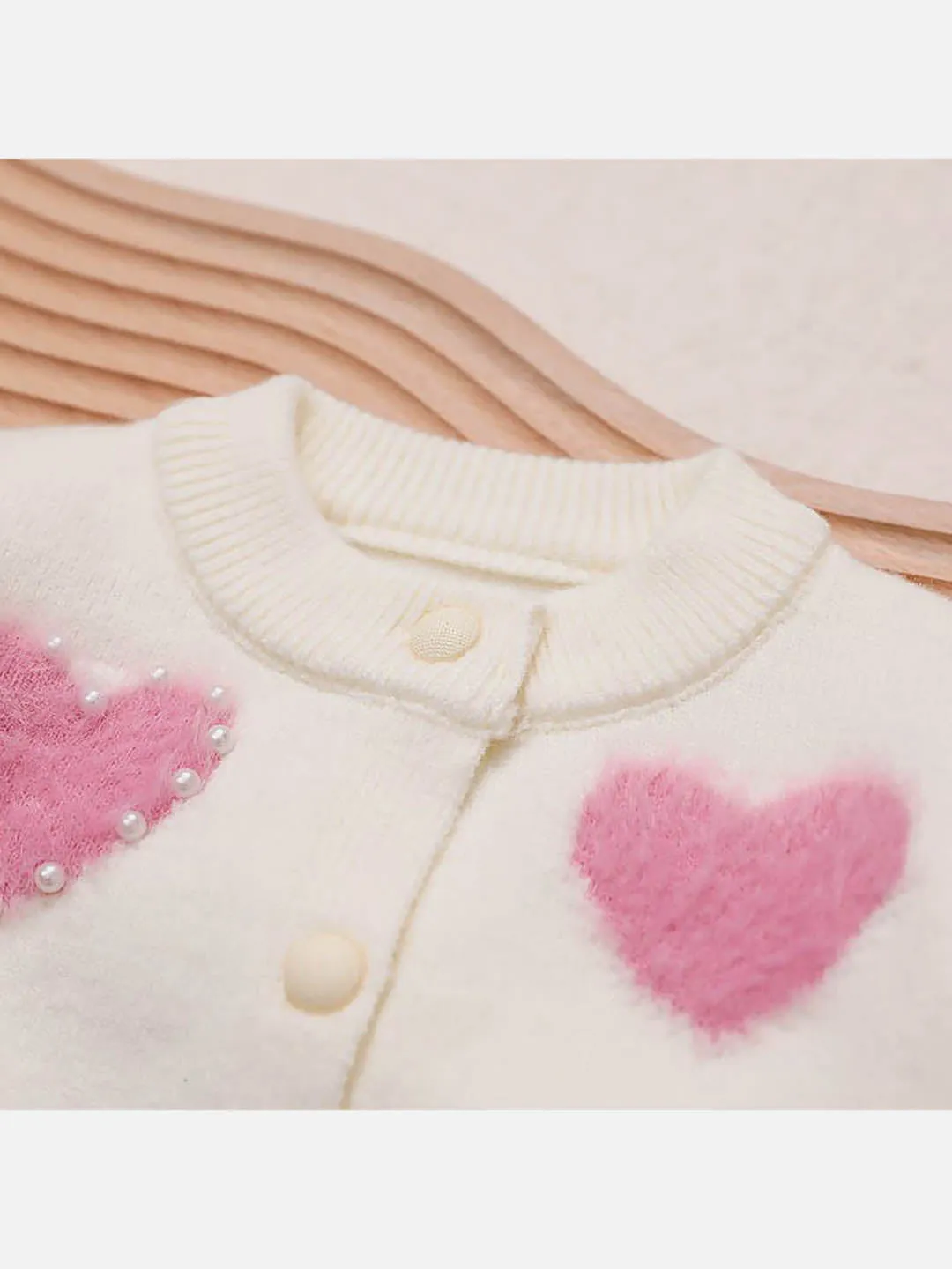 Little Surprise Box Cream Pearl Hearts Warmer cardigan Sweater for Kids