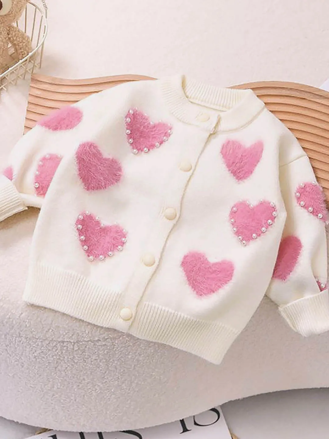 Little Surprise Box Cream Pearl Hearts Warmer cardigan Sweater for Kids