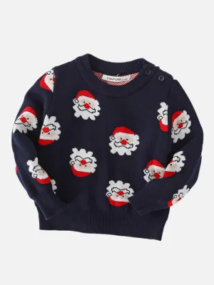 Little Surprise Box Navy Multi Santa Faces Knitted warmer, cardigan Christmas Sweater for Kids