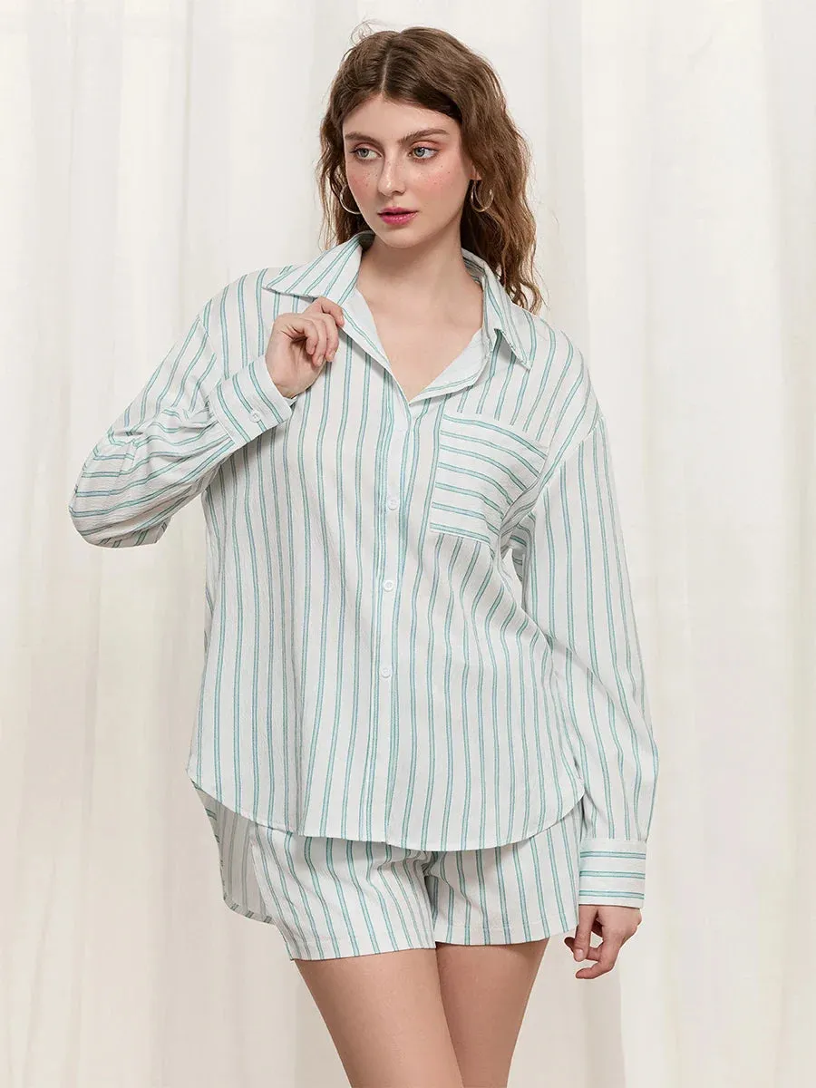 Loose Lapel Neck Long Sleeve Button Down Shirt Shorts Pockets Striped Pajamas