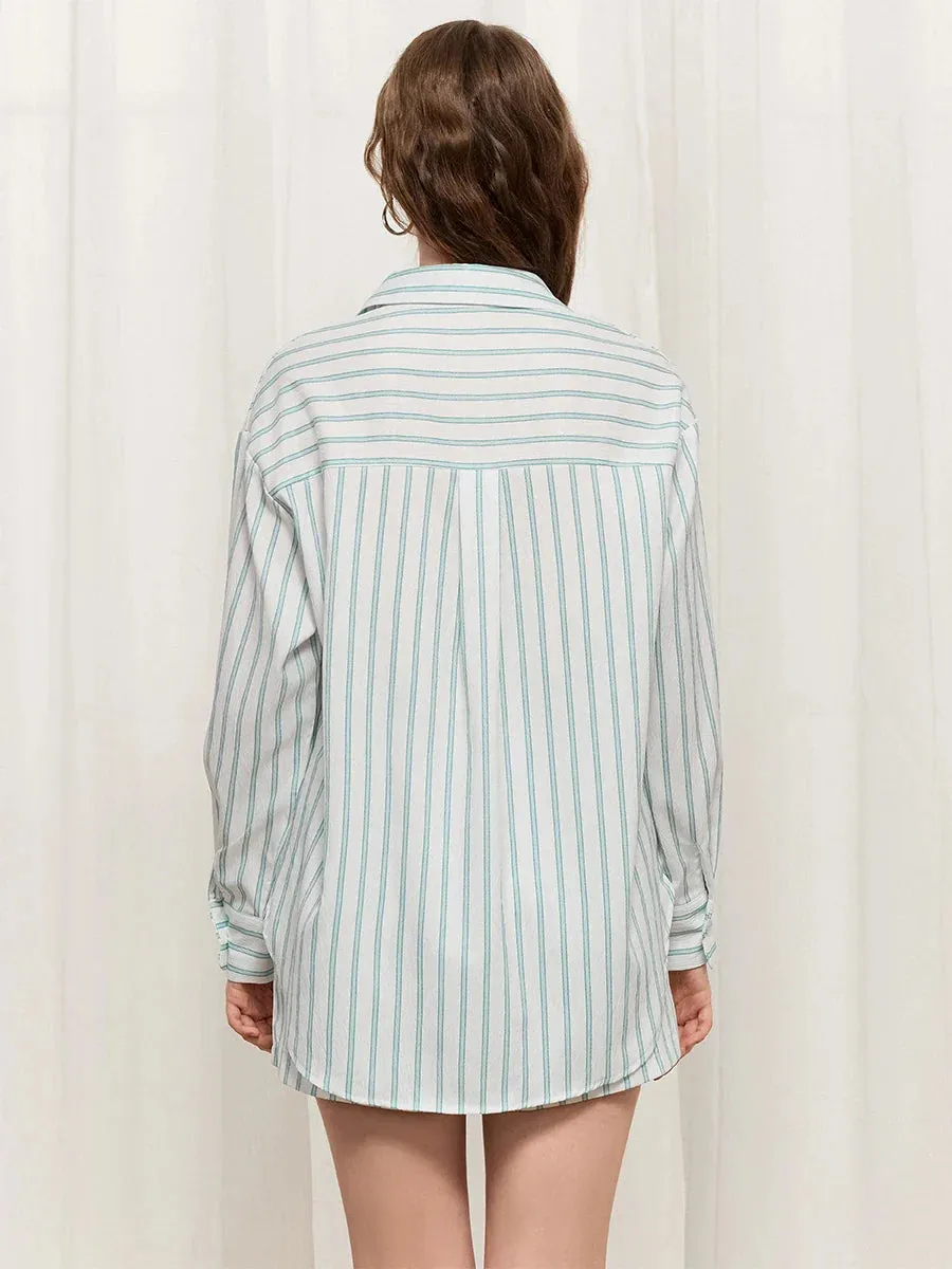 Loose Lapel Neck Long Sleeve Button Down Shirt Shorts Pockets Striped Pajamas