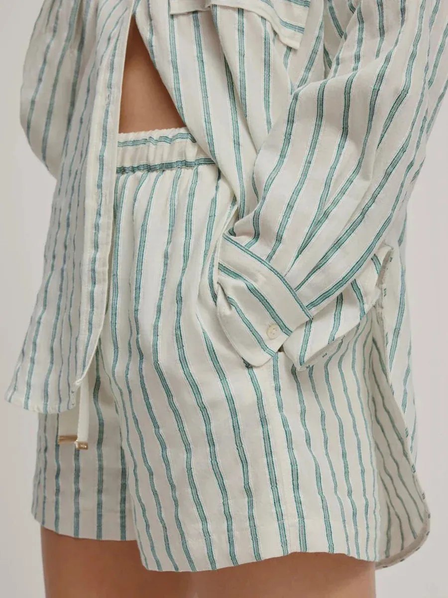 Loose Lapel Neck Long Sleeve Button Down Shirt Shorts Pockets Striped Pajamas