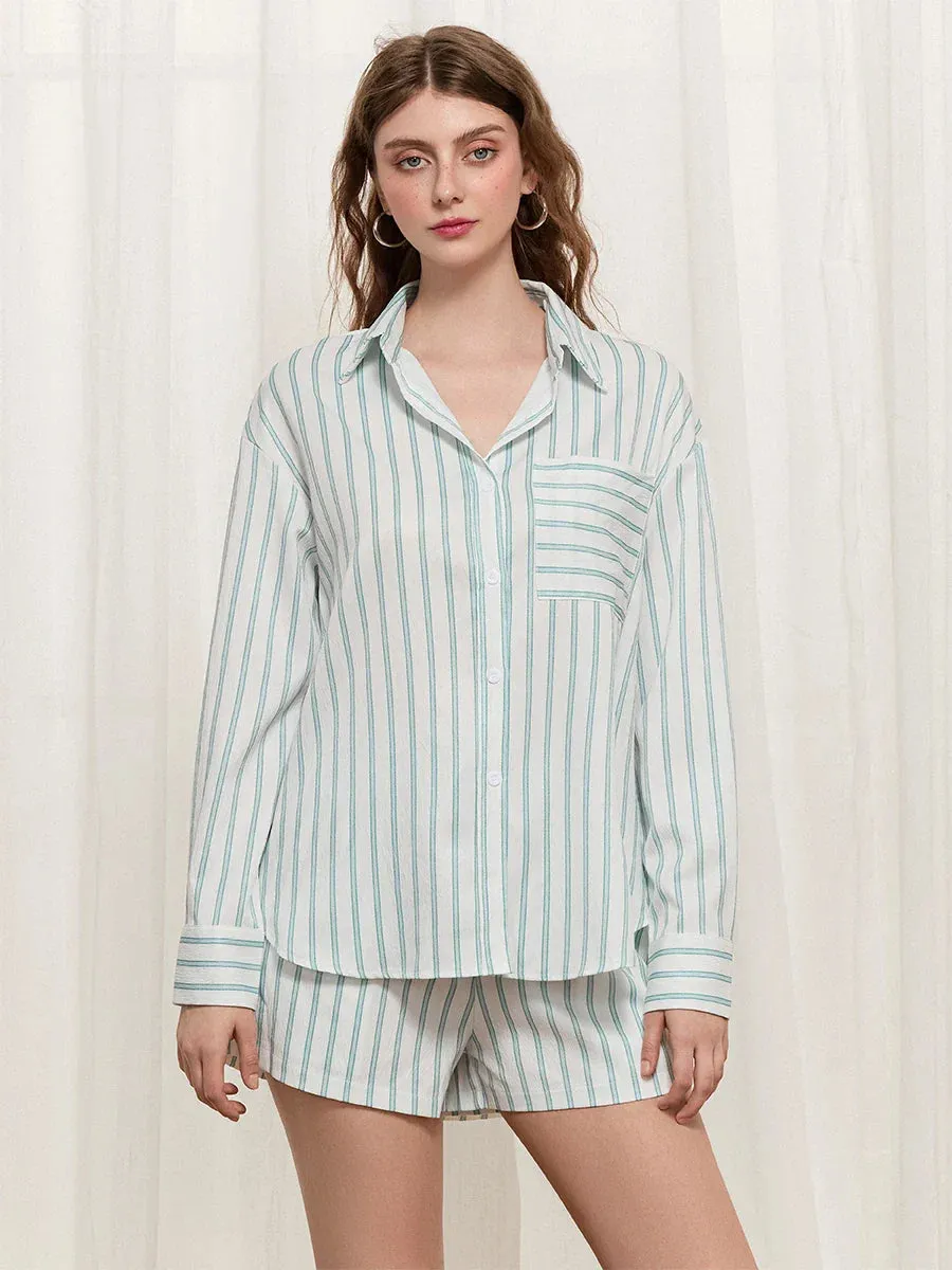 Loose Lapel Neck Long Sleeve Button Down Shirt Shorts Pockets Striped Pajamas