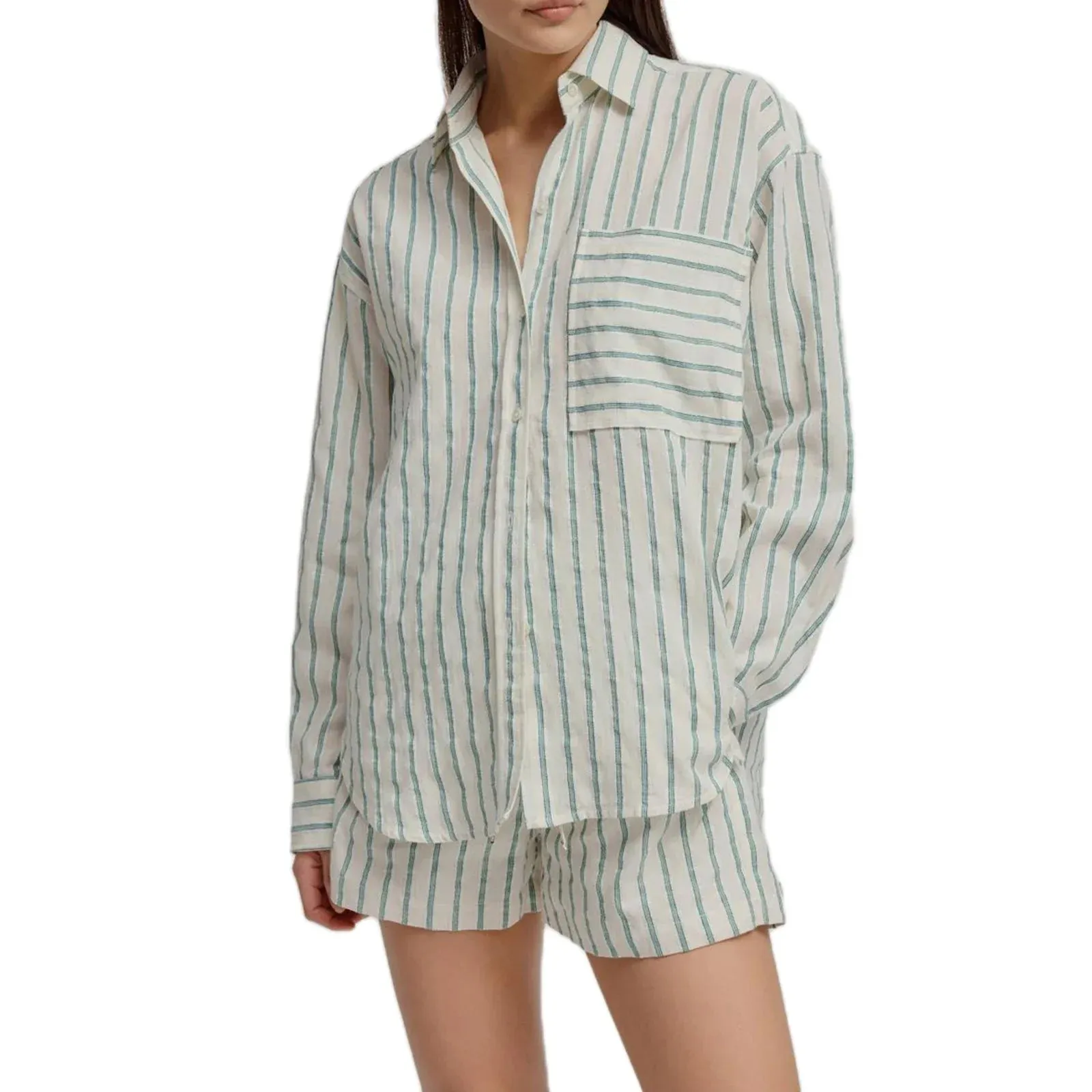 Loose Lapel Neck Long Sleeve Button Down Shirt Shorts Pockets Striped Pajamas